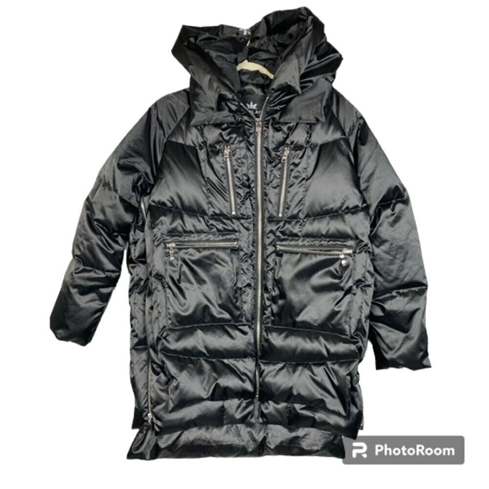 Orolay black satin finish puffer coat S duck down fill urban edgy mid length - Picture 3 of 13